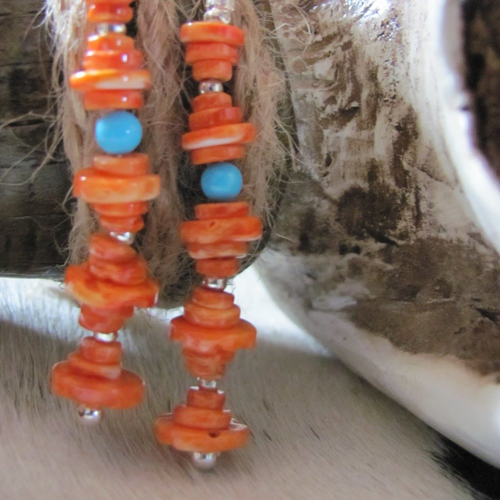 ZUNI HAND MADE SPINY  OYSTER & SLEEPING BEAUTY TURQUOISE EARRINGS - Picture 2 of 16